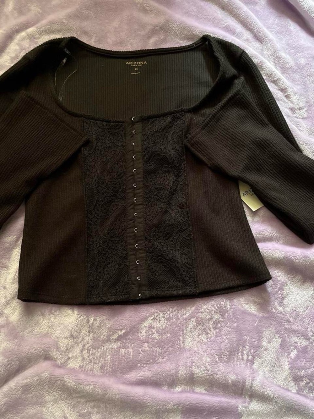 Arizona Jean Company Black Ribbed Crop Top with Lace Front